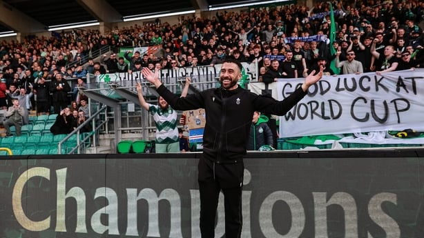 Roberto Lopes of Shamrock Rovers at half-time during the SSE Airtricity Men's Premier Division match between Shamrock Rovers and Sligo Rovers at Tallaght Stadium in Dublin.