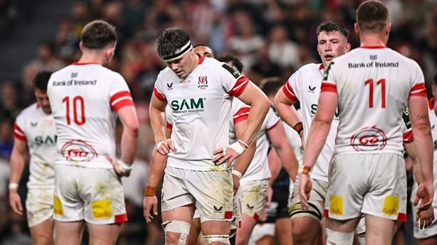22 May 2026; Jude Postlethwaite of Ulster, centre, and teammates after conceding a try during the 2026 EPCR Challenge Cup final match between Montpellier Hérault Rugby and Ulster at San Mamés Stadium in Bilbao, Spain. Photo by Seb Daly/Sportsfile