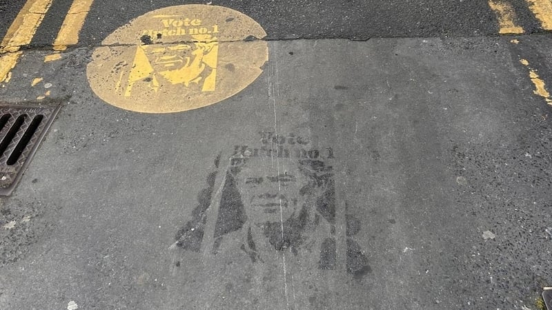 An image of Gerry Hutch is seen on a pavement near a polling station on the day of the bye-election in Dublin Central