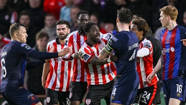 Players from both teams tussle during the SSE Airtricity Men’s Premier Division match between Derry City and St Patrick's Athletic at Find Insurance Celtic Park in Derry.
