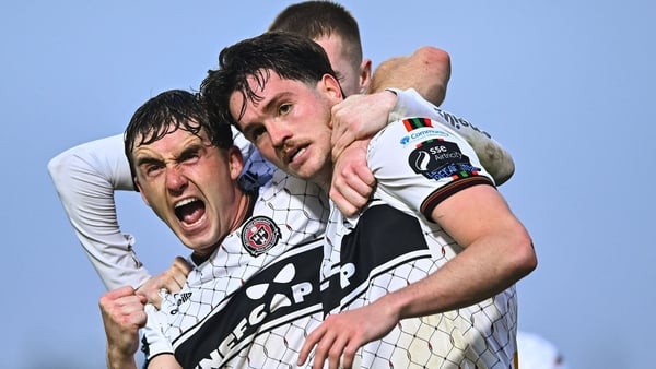 22 May 2026; Patrick Hickey of Bohemians, right, celebrates with team-mate Cian Byrne after scoring their side's fourth goal during the SSE Airtricity Men’s Premier Division match between Galway United and Bohemians at Eamonn Deacy Park in Galway. Photo b