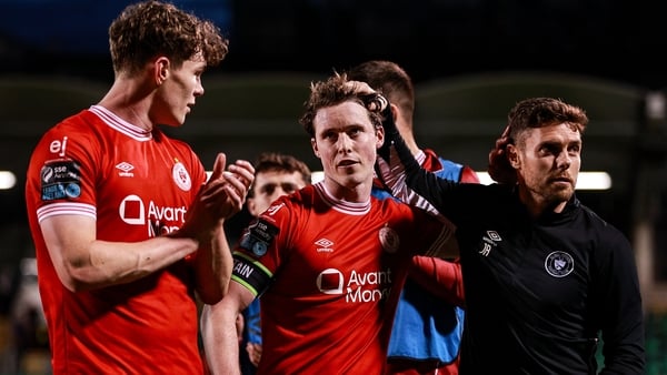 From left, Gareth McElroy, Will Fitzgerald, and manager John Russell after their side's victory in the SSE Airtricity Men’s Premier Division match between Shamrock Rovers and Sligo Rovers at Tallaght Stadium in Dublin.