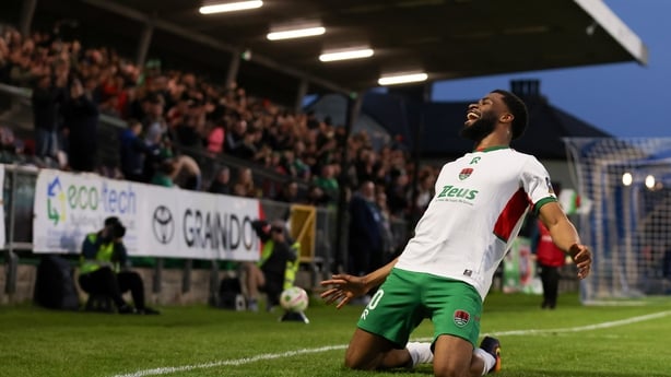 Hans Mpongo of Cork City celebrates after scoring his and his side's third goal during the SSE Airtricity Men's First Division match between Cork City and UCD at Turner's Cross in Cork. 