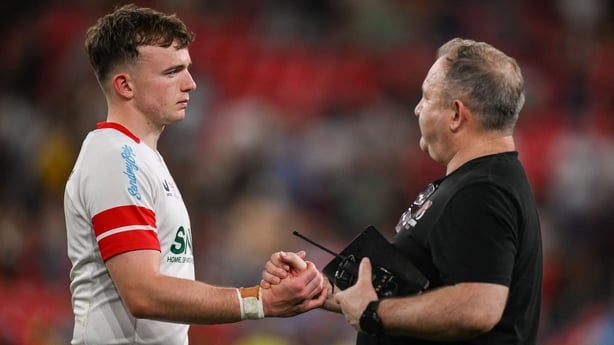 22 May 2026; Jack Murphy of Ulster with his father Ulster head coach Richie Murphy after the 2026 EPCR Challenge Cup final match between Montpellier Hérault Rugby and Ulster at San Mamés Stadium in Bilbao, Spain. Photo by Brendan Moran/Sportsfile
