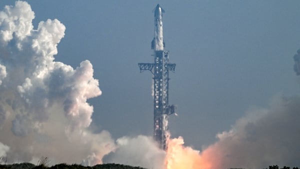 SpaceX's Starship 39 rocket launches from Starbase during the 12th test flight as seen from South Padre Island, Texas
