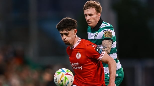 22 May 2026; Sean McHale of Sligo Rovers in action against Danny Grant of Shamrock Rovers during the SSE Airtricity Men's Premier Division match between Shamrock Rovers and Sligo Rovers at Tallaght Stadium in Dublin. Photo by Thomas Flinkow/Sportsfile