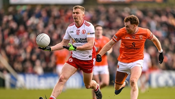 12 April 2026; Ben McDonnell of Tyrone in action against Jason Duffy of Armagh during the Ulster GAA Football Senior Championship Preliminary Round match between Armagh and Tyrone at BOX-IT Athletic Grounds in Armagh. Photo by Ramsey Cardy/Sportsfile