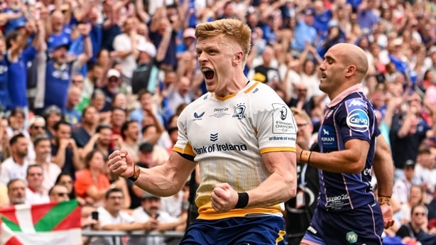 Bilbao , Spain - 23 May 2026; Tommy O'Brien of Leinster celebrates after scoring his side's first try during the Investec Champions Cup final match between Leinster and Union Bordeaux Bégles at San Mamés Stadium in Bilbao, Spain. (Photo By Brendan Moran/Sportsfile via Getty Images)