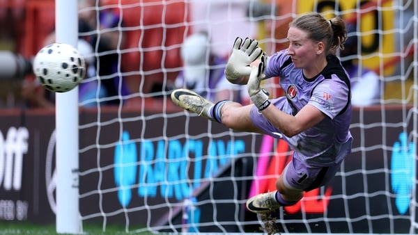 Sophie Whitehouse of Charlton Athletic saves the fifth penalty from Noemie Mouchon of Leicester City (not pictured) in the penalty shoot out during The Play Off Presented by Mercedes-Benz match between Charlton Athletic and Leicester City at The Valley on