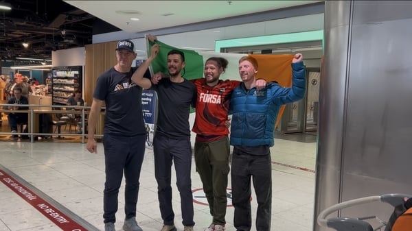 Jason Black, Éanna McGowan, Pádraig O’Hora and Adam Sweeney at Dublin Airport after returning home from Nepal
