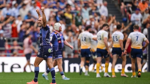 Maxime Lucu of Union Bordeaux Bègles celebrates after his side score their fourth try during the Investec Champions Cup final match between Leinster and Union Bordeaux Bégles at San Mamés Stadium in Bilbao, Spain.