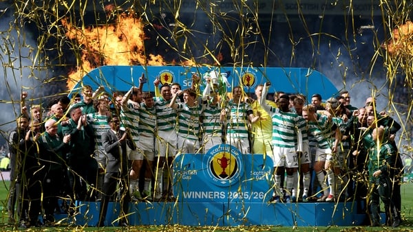 GLASGOW, SCOTLAND - MAY 23: Callum McGregor of Celtic lifts the Scottish Gas Scottish Cup Trophy after his team’s victory in the Scottish Gas Scottish Cup Final match between Celtic and Dunfermline at Hampden Park on May 23, 2026 in Glasgow, Scotland. (Ph