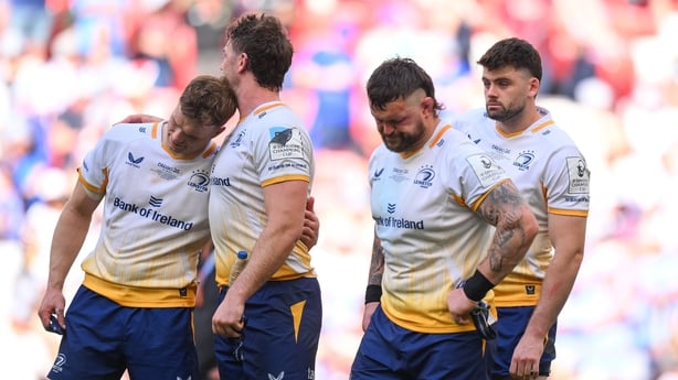 23 May 2026; Leinster players, from left, Josh van der Flier, Caelan Doris, Andrew Porter and Harry Byrne after the Investec Champions Cup final match between Leinster and Union Bordeaux Bégles at San Mamés Stadium in Bilbao, Spain. Photo by Brendan Moran/Sportsfile