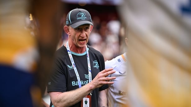 23 May 2026; Leinster head coach Leo Cullen speaks to his players after the Investec Champions Cup final match between Leinster and Union Bordeaux Bégles at San Mamés Stadium in Bilbao, Spain. Photo by Brendan Moran/Sportsfile