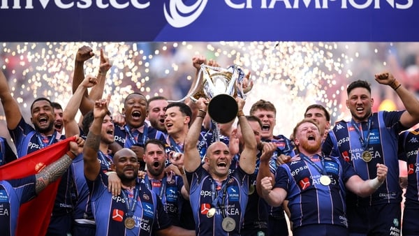 23 May 2026; Union Bordeaux Bègles captain Maxime Lucu and teammates celebrate with the cup after the Investec Champions Cup final match between Leinster and Union Bordeaux Bégles at San Mamés Stadium in Bilbao, Spain. Photo by Brendan Moran/Sportsfile
