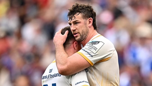 23 May 2026; Leinster captain Caelan Doris, right, and team-mate Luke McGrath after the Investec Champions Cup final match between Leinster and Union Bordeaux Bégles at San Mamés Stadium in Bilbao, Spain. Photo by Seb Daly/Sportsfile