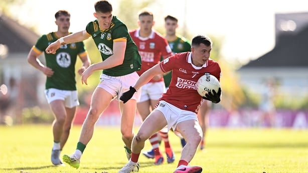 Luke Fahy of Cork is tackled by Charlie O'Connor of Meath during the GAA Football All-Ireland Senior Championship Round 1 match between Cork and Meath at Páirc Uí Rinn in Cork.