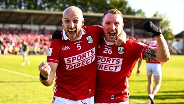 Brian O'Driscoll, left, and Conor Daly of Cork celebrate at the final whistle of the GAA Football All-Ireland Senior Championship Round 1 match between Cork and Meath at Páirc Uí Rinn in Cork.