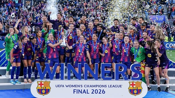 Players of FC Barcelona celebrate the victory with the trophy lift during the UEFA Women's Champions League Final 2026 match between FC Barcelona and OL Lyonnes at Ullevaal Stadion on May 23, 2026 in Oslo, Norway.
