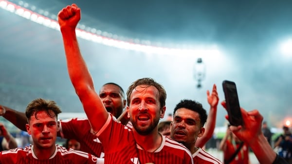 Harry Kane of Munich celebrates after scoring his team's third goal during the DFB Cup Final 2026 match between FC Bayern München and VfB Stuttgart at Olympiastadion on May 23, 2026 in Berlin, Germany.