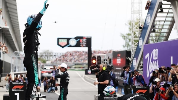 Pole position qualifier George Russell of Great Britain and Mercedes AMG Petronas F1 Team celebrates on arrival in parc ferme during qualifying ahead of the F1 Grand Prix of Canada at Circuit Gilles-Villeneuve on May 23, 2026 in Montreal, Quebec.