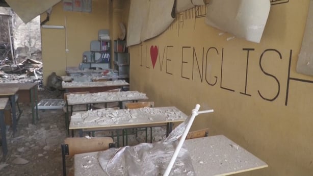 Rubble and shattered glass cover a room in a damaged classroom at the Starobilsk College of Luhansk Pedagogical University following a Ukrainian drone strike