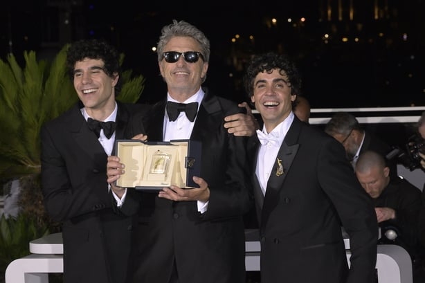 The winners of the Best Director award: Spanish directors Javier Calvó and Javier Ambrossi for the film La bola negra and Polish director Paweł Pawlikowski for the film Fatherland at the Palme d'Or winners' Photocall during the 2026 Cannes Film Festival in Cannes (France), May 23rd, 2026 (Photo by R