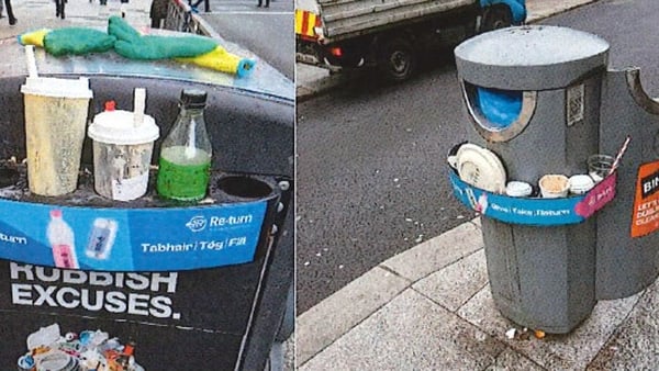 Rubbish left in Dublin City Council bin surrounds intended for cans and plastic bottles Re-turn scheme DRS