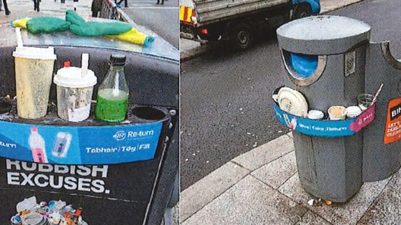Rubbish left in Dublin City Council bin surrounds intended for cans and plastic bottles Re-turn scheme DRS