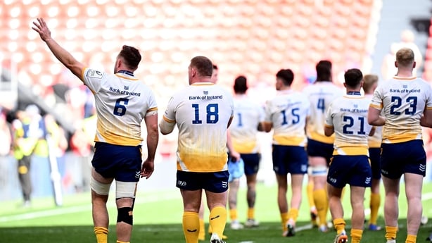 23 May 2026; Leinster players including Jack Conan, 6, and Tadhg Furlong, 18, after the Investec Champions Cup final match between Leinster and Union Bordeaux Bégles at San Mamés Stadium in Bilbao, Spain. Photo by Seb Daly/Sportsfile