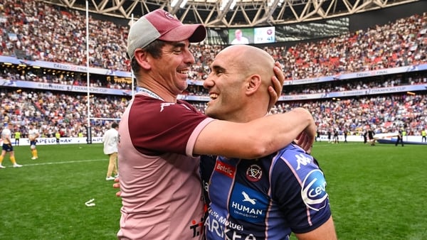 23 May 2026; Maxime Lucu of Union Bordeaux Bègles and Bordeaux Begles attack coach Noel McNamara after the Investec Champions Cup final match between Leinster and Union Bordeaux Bégles at San Mamés Stadium in Bilbao, Spain. Photo by Brendan Moran/Sportsfi