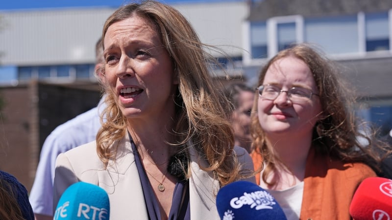 Social Democrats leader Holly Cairns and her party's Galway West by-election candidate Míde Nic Fhionnlaoich speaking to the media
