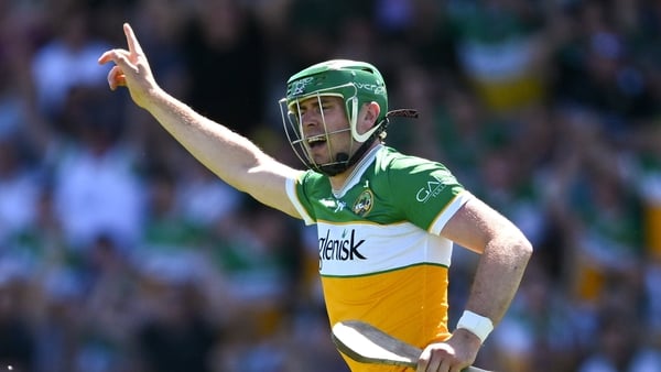 Brian Duignan of Offaly celebrates after scoring his side's first goal during the Leinster GAA Senior Hurling Championship Round 5 match between Kildare and Offaly at Cedral St Conleth's Park in Newbridge, Kildare