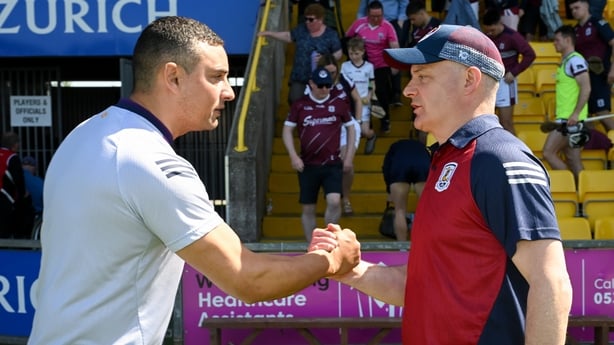 The two manager, Wexford manager Keith Rossiter and Galway manager Micheál Donoghue, shake hands after the Leinster GAA Senior Hurling Championship Round 5 match between Wexford and Galway at Chadwicks Wexford Park in Wexford. 