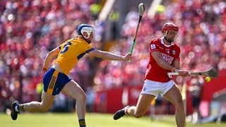 24 May 2026; Brian Hayes of Cork in action against Diarmuid Ryan of Clare during the Munster GAA Senior Hurling Championship Round 5 match between Cork and Clare at SuperValu Páirc Uí Chaoimh in Cork. Photo by Piaras Ó Mídheach/Sportsfile