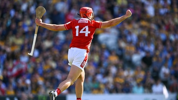 24 May 2026; Brian Hayes of Cork celebrates scoring his side's first goal during the Munster GAA Senior Hurling Championship Round 5 match between Cork and Clare at SuperValu Páirc Uí Chaoimh in Cork. Photo by Piaras Ó Mídheach/Sportsfile