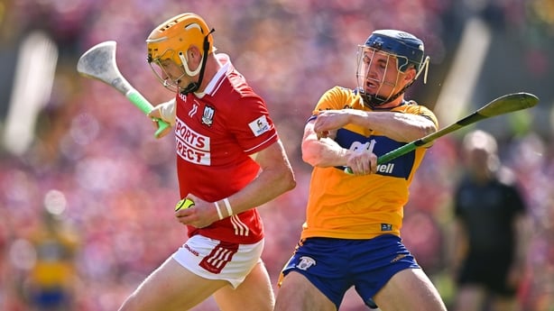 24 May 2026; Shane Barrett of Cork gets away from Rory Hayes of Clare during the Munster GAA Senior Hurling Championship Round 5 match between Cork and Clare at SuperValu Páirc Uí Chaoimh in Cork. Photo by Piaras Ó Mídheach/Sportsfile