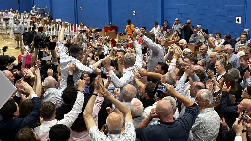 Seán Kyne celebrating his victory in Galway West with supporters