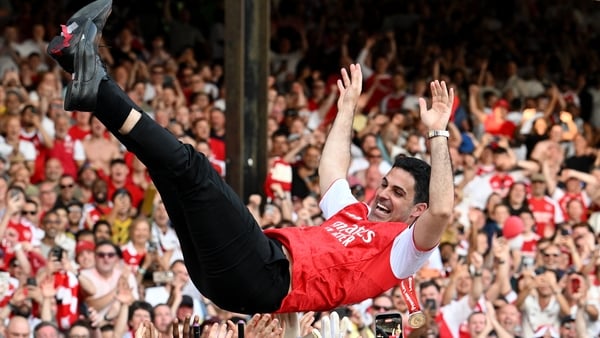 Mikel Arteta, Manager of Arsenal, is thrown into the air by players of Arsenal as they celebrate, as Arsenal are crowned the Champions of the Premier League for the 2025/26 Season, after the Premier League match between Crystal Palace and Arsenal at Selhu