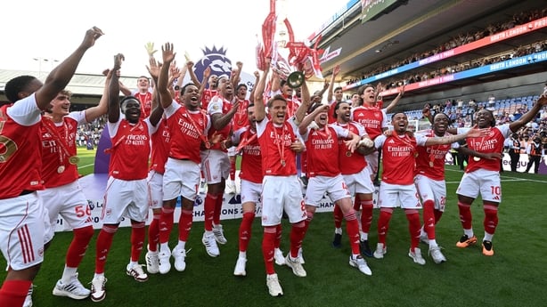 Arsenal captain Martin Odegaard lifts the Premier Leaguec Trophy as the team celebrate after the Premier League match between Crystal Palace and Arsenal at Selhurst Park on May 24, 2026 in London, England