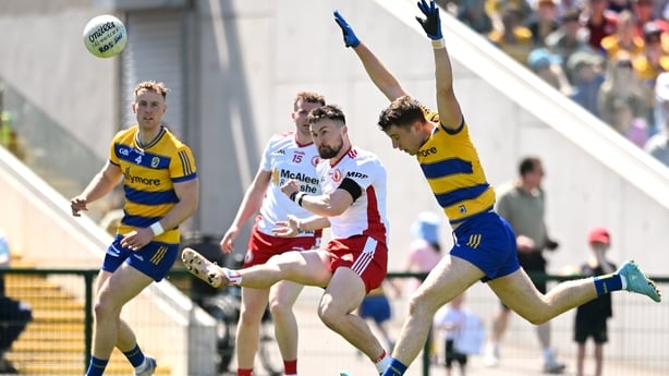 24 May 2026; Peter Teague of Tyrone kicks a point during the GAA Football All-Ireland Senior Championship Round 1 match between Roscommon and Tyrone at King & Moffatt Dr. Hyde Park in Roscommon. Photo by Paul Phelan/Sportsfile