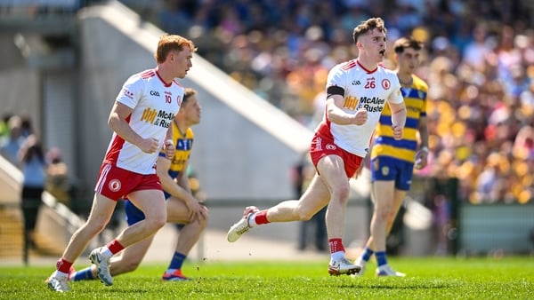 24 May 2026; Eoin McElholm of Tyrone celebrates after scoring his side's first goal during the GAA Football All-Ireland Senior Championship Round 1 match between Roscommon and Tyrone at King & Moffatt Dr. Hyde Park in Roscommon. Photo by Paul Phelan/Sport