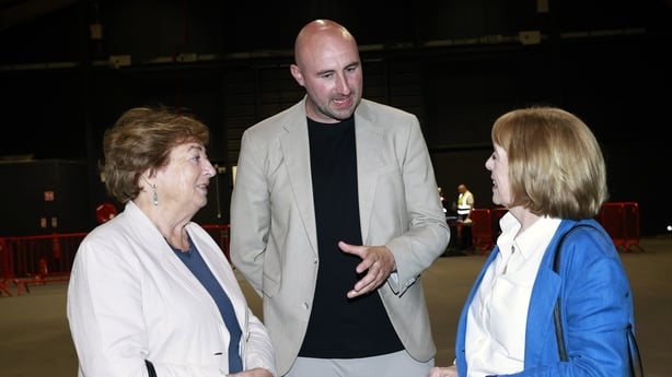 Social Democrats election candidate, Daniel Ennis, speaks to party founders, Catherine Murphy and Roisin Shortall (right), at the count for the Dublin Central by-election at the RDS, Dublin. The by-election was triggered after Paschal Donohoe left political life to become the World Bank's chief know