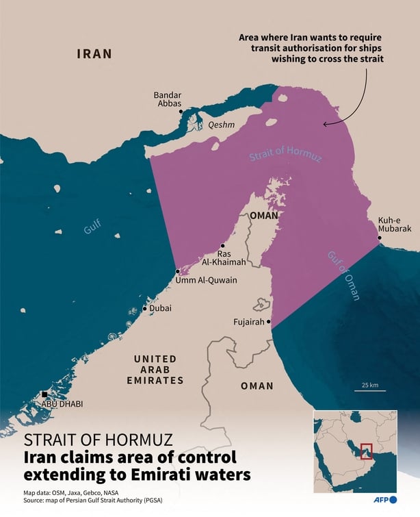 Infographic showing the area where Iran wants to impose a transit permit on ships 