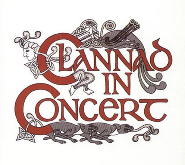 Clannad album cover, white background with the words Clannad in Concert in red, Celtic lettering from 1978 concert