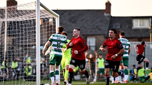 25 May 2026; Ross Tierney of Bohemians celebrates with teammate Connor Parsons, right, after scoring their side's first goal during the SSE Airtricity Men's Premier Division match between Bohemians and Shamrock Rovers at Dalymount Park in Dublin. Photo by Ben McShane/Sportsfile
