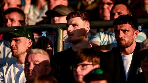 25 May 2026; Republic of Ireland internationals, from left, Jayson Molumby, Jake O'Brien and Troy Parrot in attendance during the SSE Airtricity Men's Premier Division match between Bohemians and Shamrock Rovers at Dalymount Park in Dublin. Photo by Ben McShane/Sportsfile