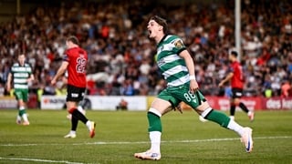 25 May 2026; John McGovern of Shamrock Rovers celebrates after scoring his side's first goal during the SSE Airtricity Men’s Premier Division match between Bohemians and Shamrock Rovers at Dalymount Park in Dublin. Photo by Ben McShane/Sportsfile