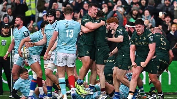 28 February 2026; Matthew Victory, left, celebrates with teammate Finn Treacy after Sean Jansen, hidden, scores their side's second try during the United Rugby Championship match between Connacht and Glasgow Warriors at Dexcom Stadium in Galway. Photo by Tyler Miller/Sportsfile