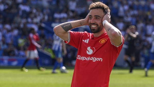 BRIGHTON, ENGLAND - MAY 24: Manchester United's Bruno Fernandes celebrates scoring the opening goal during the Premier League match between Brighton & Hove Albion and Manchester United at Amex Stadium on May 24, 2026 in Brighton, England. (Photo by David